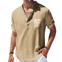 Camisa De Lino Breton Para Hombre Casual Verano Color Sólido Manga Corta Transpirable Suéter Con Bolsillo Top Basic Juvenil - details 7