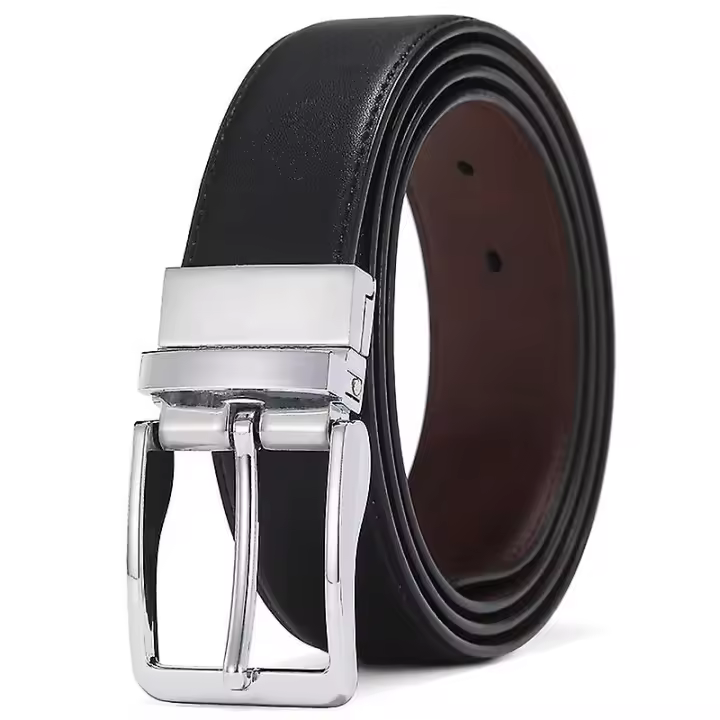 Cinturones de hombre con botón reversible de cuero de marca de lujo para Negocios, cinturones de moda para hombres, Dos lados, color Negro y marrón - 1