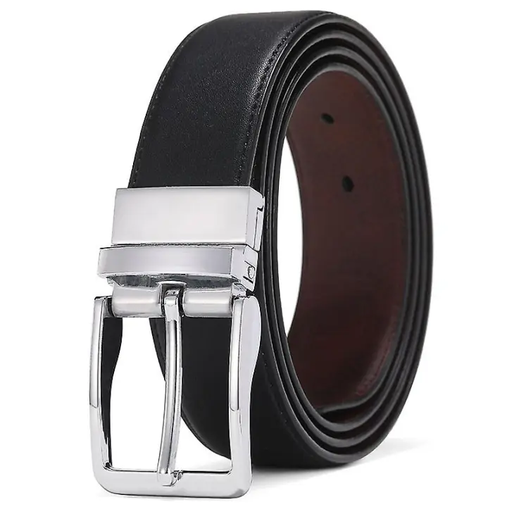 Cinturones de hombre con botón reversible de cuero de marca de lujo para Negocios, cinturones de moda para hombres, Dos lados, color Negro y marrón - 1