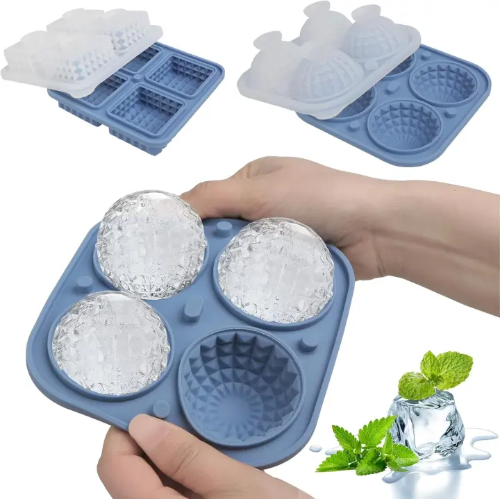 2 Cubiteras Para Hielo XXL, Grande Silicona Molde Hielo, Reutilizables Con Tapa Ice Cube Tray, Fácil liberación, Sin BPA Apilables Antiderrames para whisky, cócteles, Vino(Azul) - 1