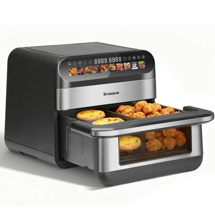 Sinaopus 10L (5L+5L) Dual Basket Luftfritteuse, 2000W Heißluftfritteuse mit 2 Unabhängigen Zonen, 10 Automatikprogramme (Pommes/Steak/Pizza), Transparentes Sichtfenster, Digitales Touch-Display, Ölfrei & Schnell, Ideal für 7-8 Personen Familien