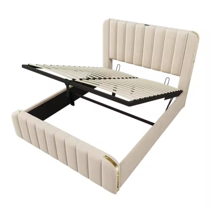 Cama tapizada Cabecero tapizado Doble con Rayas Decorativas Doradas y Carga USB Type-C 160*200 cm, material Linen beige Cama hidráulica de camping, capacidad de carga 200 kg (sin colchón). - 1
