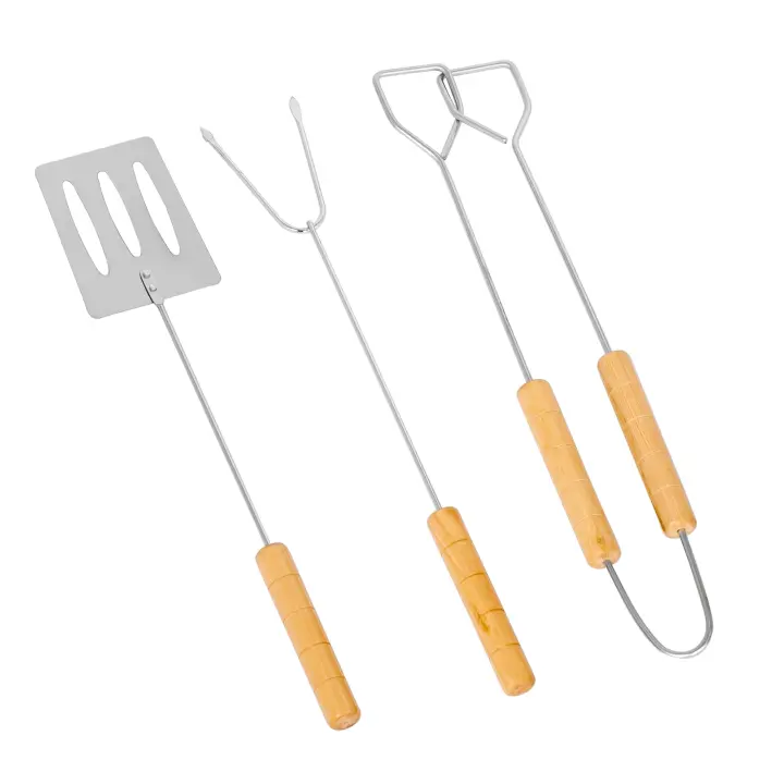Juego de herramientas para barbacoa: Kit de 3 piezas Para Parrilla de barbacoa: espátula, pinzas, TENEDOR, utensilios para ASAR de Maple inoxidable with Mango de Madera, para Exterior, Fiesas, picnics y campamentos - 1