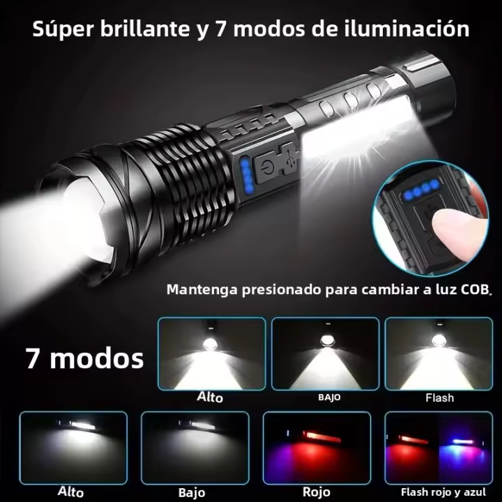 Linterna Táctica Recargable USB De Alta Potencia XHP50 Con Luz Secundaria COB Y Zoom Aluminio Impermeable Para Self-Defense - 1
