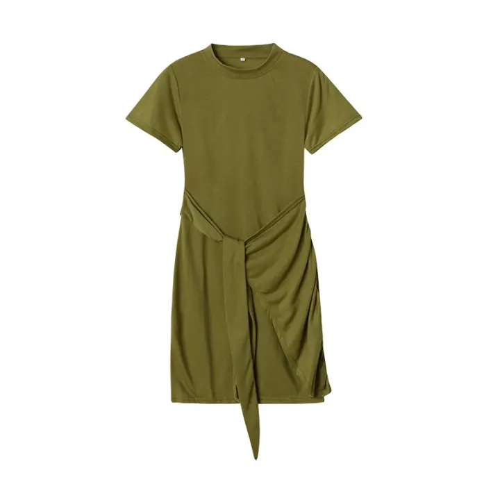 Vestido De Verano Con Volantes Irregulares Y Cinturón De Lazo Manga Corta Cuello Redondo Estilo Casual Largo Hasta La Rodilla Para Mujer - 1