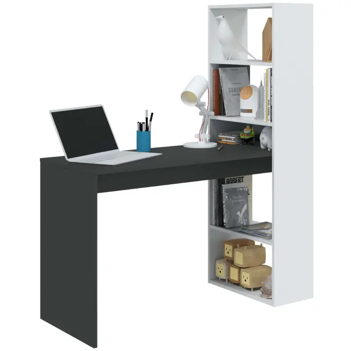 Mesa de Escritorio Duplo con Estantería Reversible en Colores Blanco Artik, Blanco Artik/Roble o Blanco Artik/Gris Fabricado en Melamina 120x144x53 cm - 1