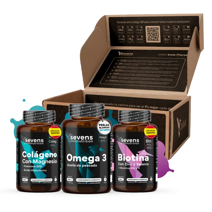 Pack Belleza y Bienestar para Regalo - Biotina 10.000 mcg + Colágeno con Magnesio Ácido Hialurónico y Coenzima Q10 + Omega 3 2000mg - Omegatex® - Vitaminas para el cabello, piel y uñas - Suplementos Alimenticios para Cuidado Integral - Sevens Nutrition - 1