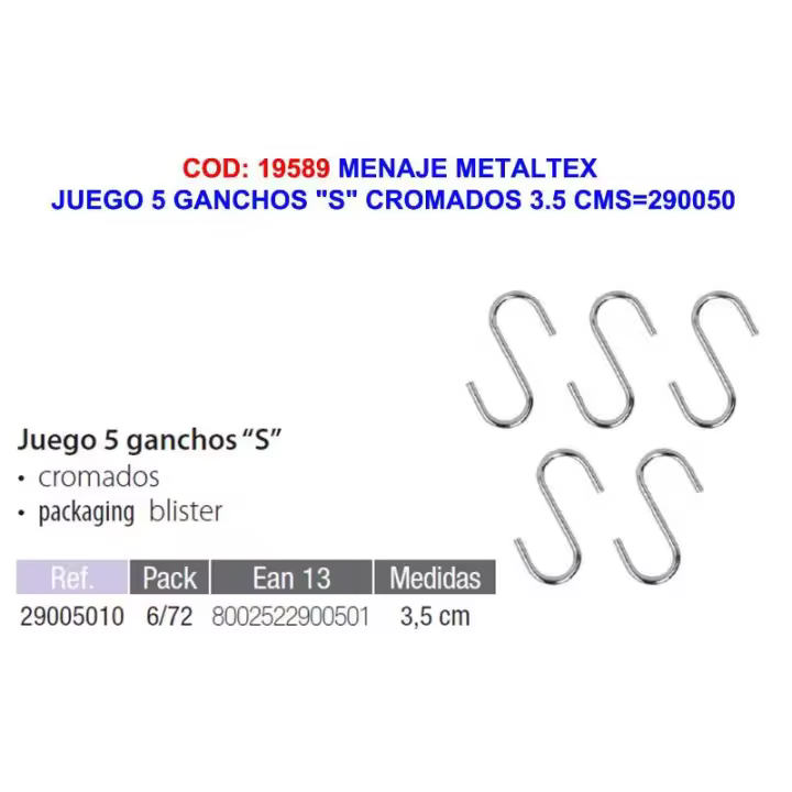 Menaje metaltex juego 5 ganchos s cromados 3.5 cms 290050 - 1