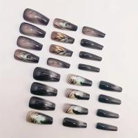 24 Piezas De Uñas Postizas Estilo Ballet Negro Con Siluetas De Árboles Misteriosas Y Luz Relámpago Accesorios De Belleza Para Manicura Press on - details 1