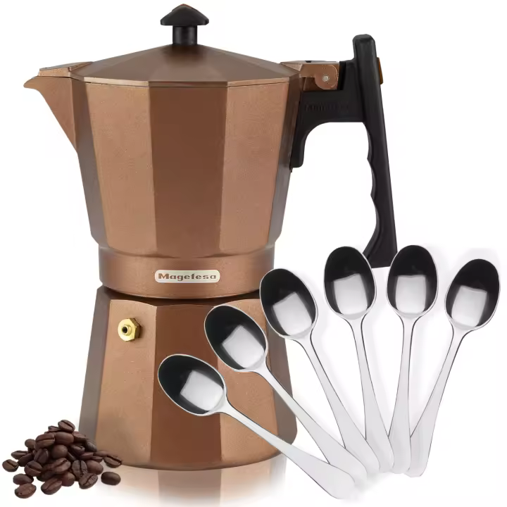 Magefesa Jamaica Brown - Pack Exclusivo Cafetera Italiana + 6 Cucharillas Moka, Aluminio Extra Grueso, Todo Tipo de Cocinas, Inducción, Café - 1