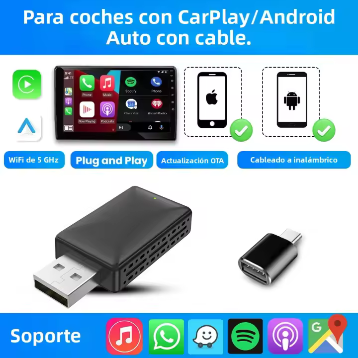 Adaptador Wireless Carplay 2en1 Android Auto Para Coche 5G WIFI Bluetooth Compatible Con Renault Seat VW Volvo Benz Audi Toyota MG - 1
