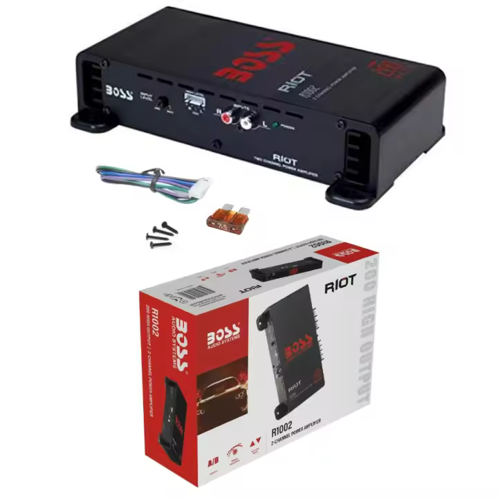1 BOSS AUDIO SYSTEMS RIOT R1002 amplificador de 2 Canales full rank 200 vatios máx, clase A/B, para autos, 1 Cable de alto nivel y fusible free - 1
