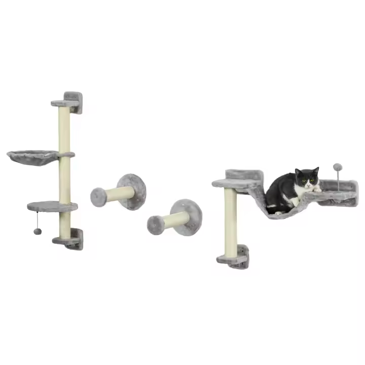 PawHut Estante de Escalada para Gatos de Pared Juego de Estantes para Gatos 4 Piezas con Hamaca Bola Plataformas para Saltar Poste de Sisal y Escalera 84,5x19x54 cm Gris y Beige - 1