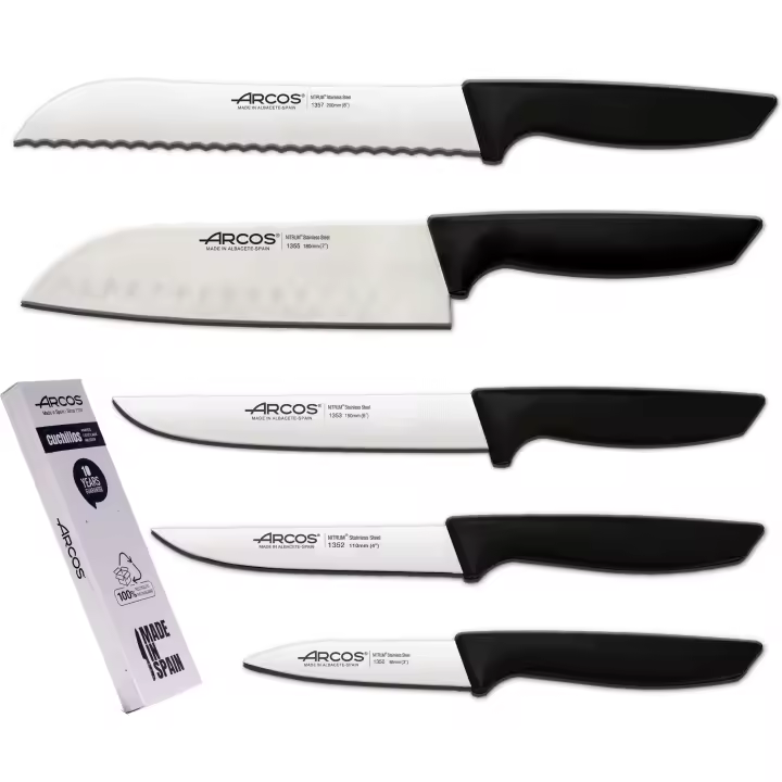 Arcos Juego Cuchillos Cocina Profesionales Set Cuchillos Cuchillos Cocina Profesional  Cuchillos Acero Inoxidable Mango Negro  utensilios de cocina  cuchillo japones Santoku  lavavajillas (5 Piezas)  Envase Ecologico - 1