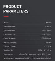 Cortador De Pelo Eléctrico Portátil Kemei KM-679 Para Hombres Cuchilla Reciprocante Trimmer De Barba Afeitadora Universal Recargable Velocidad Alta Longitud De Corte 0.5-1 Mm - details 9