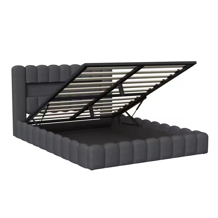 Cama canapé 140x200/160x200 cm con LED en cabecero, cama tapizada en lino gris con almacenamiento y somier de láminas, cama doble moderna sin colchón - 1
