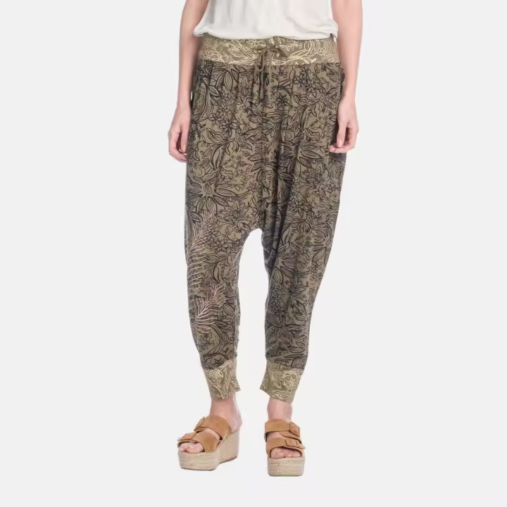 Koroshi - Pantalón pirata mujer estilo harem estampado floral de viscosa fluida y transpirable para primavera-verano - 1