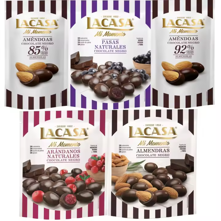 Lacasa Mi Momento pack de 5:Almendra 92% ,Almendra 85% ,Arándano Chocolate Negro ,Pasas Chocolate Negro ,Almendra Chocolate Negro - 1