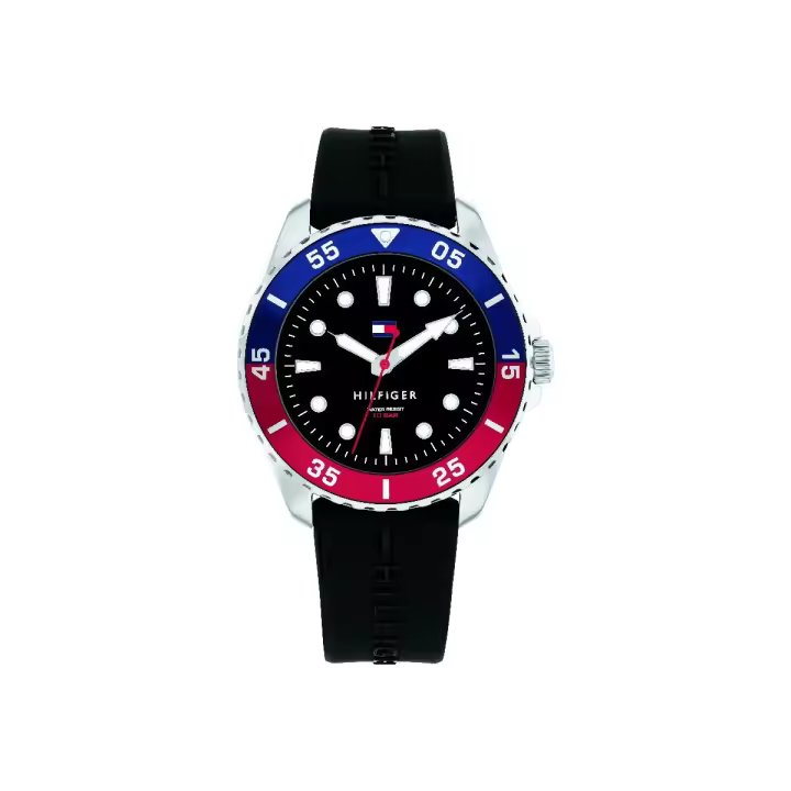 Reloj Tommy Hilfiger Niño Boys Comunion Analógico Silicona Negra y Dial Azul y Rojo 1720046 - 1