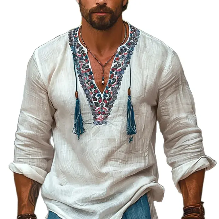 Camisa De Hombre Estilo Étnico Primavera Otoño Moda Impresión Cuello En V Manga Larga Tamaño Grande 3XL Top Casual Con Borlas - 1