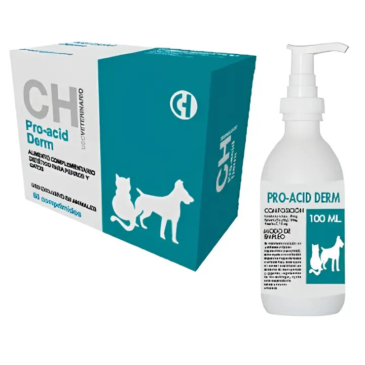 PRO-ACID DERM 60 COMPRIMIDOS Chemicaliberica  Suplemento alimenticio para perros y gatos con problemas de piel y dermatosis que produce una debilitación del pelaje y la dermis. Ayuda a mantener sana la epidermis en perros con patologías - 1