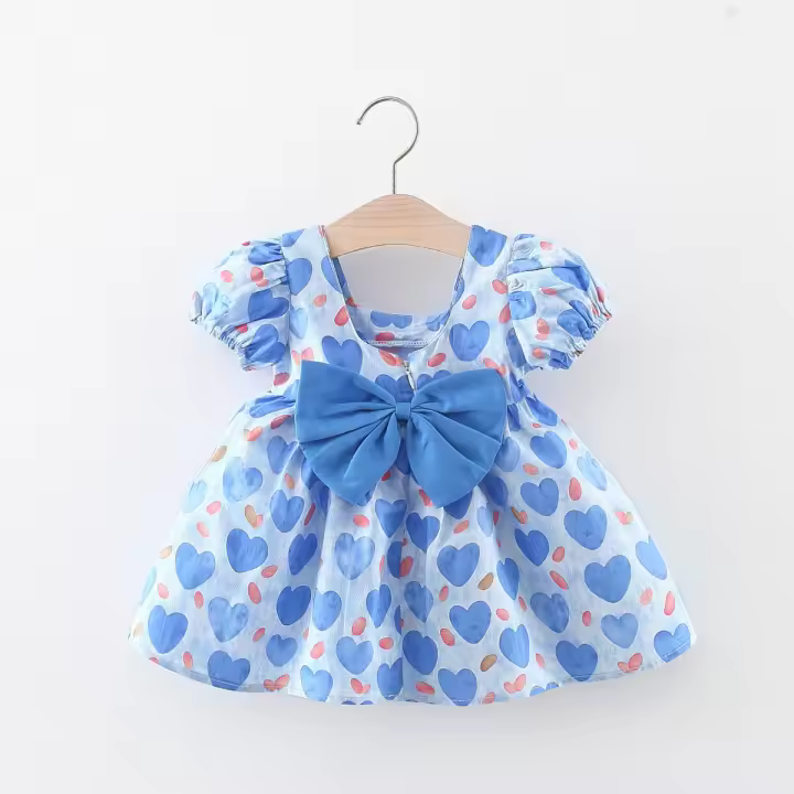 Vestido De Verano Para Bebé Niña Con Estampado De Amor Y Lazo En Algodón Vestido De Fiesta Con Mangas Flounce Estilo Coreano - 1