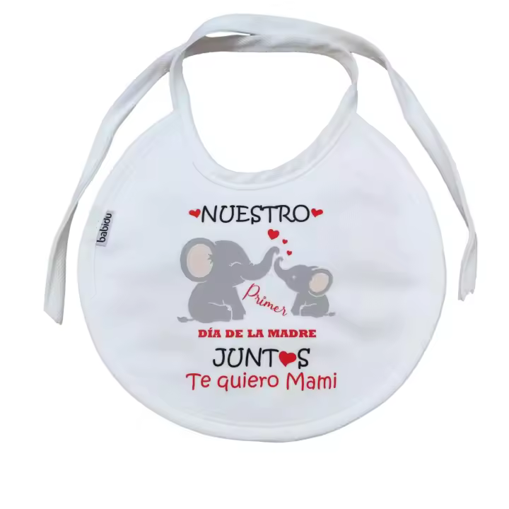 MI SORPRESA Body , Babero ó Pack Body+Babero para Bebé frase : " Nuestro Primer Día de la Madre Juntos Te quiero Mami " (ELEFANTES) - 1