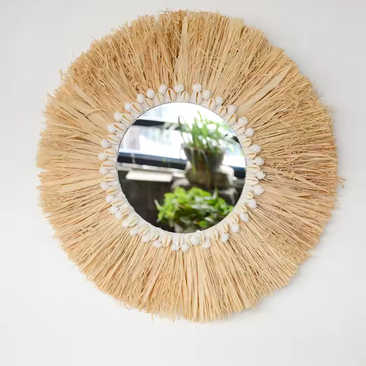 Espejo Decorativo Boho De Madera Con Tejido De Raffia Y Bola De Hilo Pequeña Decoración Para El Hogar Y Sala De Estar Estilo Forestal - 1