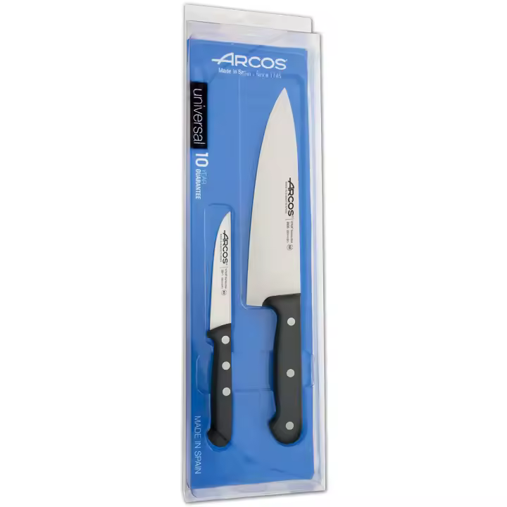 ARCOS Universal - Set de 2 Cuchillos de Cocina (100 & 200 mm) - Hoja de Acero Inoxidable Nitrum® - Mango Negro de Polioximetileno (POM) - Estuche Regalo - 1