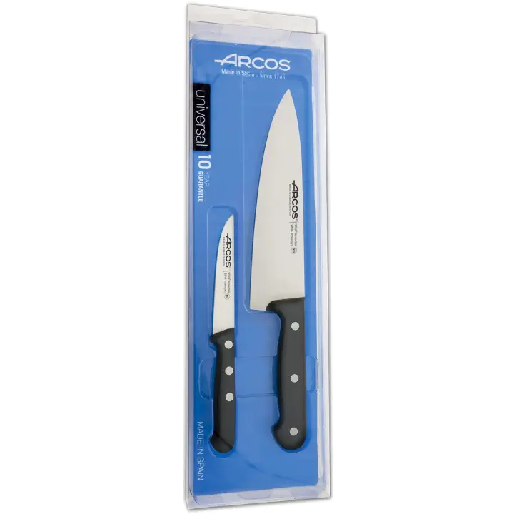 ARCOS Universal - Set de 2 Cuchillos de Cocina (100 & 200 mm) - Hoja de Acero Inoxidable Nitrum® - Mango Negro de Polioximetileno (POM) - Estuche Regalo - 1