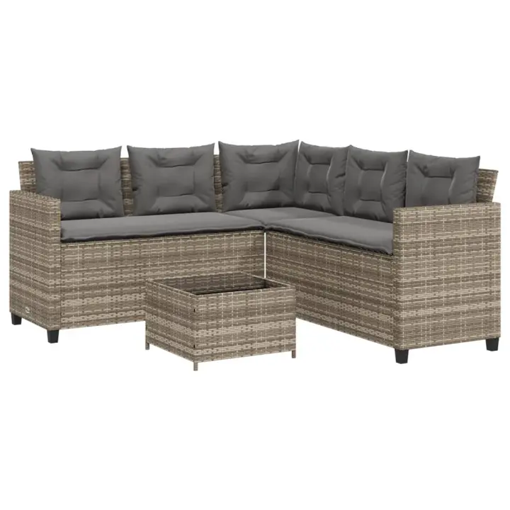 vidaXL Sofá de jardín en forma de L con mesa y cojines ratán PE gris - 1