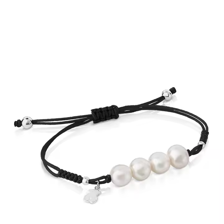 Pulsera de cuero de Plata 925 con Perlas y Oso Dorado - 1