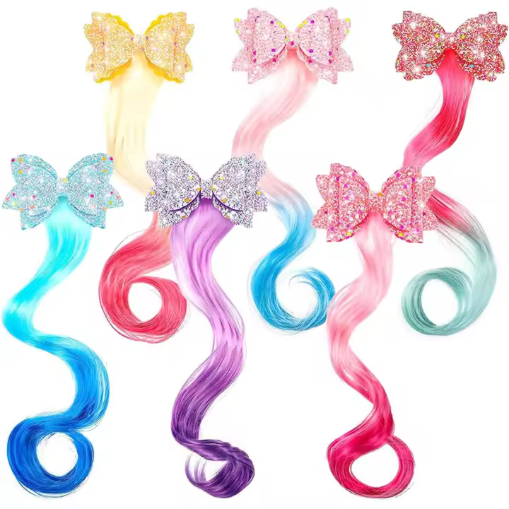 6 Piezas Extensiones de Paco, Velo Postizo para Trenzas,Mechas Melo, Trenzas de Colores para el pelo Niña Extensiones - 1