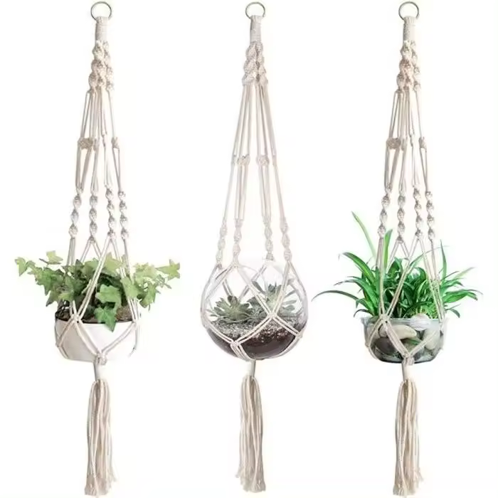 Macetero colcante de macramé - Decoración para macetas - Cuerda de cáñamo - 105 cm - 1