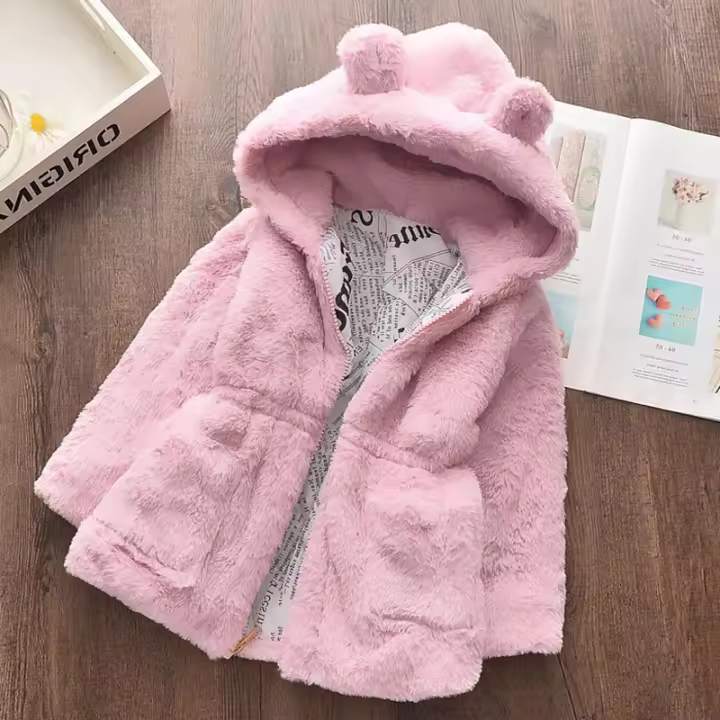 Abrigo De Pelo Sintético Para Bebés Niñas Ropa Otoño Invierno Con Capucha Abrazadera De Poliéster Cálido Traje De Nieve Moda Infantil Talla Regular Cierre De Cremallera - 1