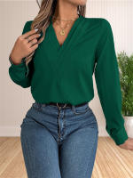 Blusa Elegante De Negocios Para Mujer Con Cuello En V Y Mangas Largas Vestido Trabajo Tops Casual De Poliéster Transpirable Para Otoño/Winter - details 12