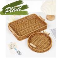 Bandeja De Alimentos De Plástico Tejida a Mano En Rattan Para Frutas Verduras Pasteles Forma Redonda Cesta De Almacenamiento Con Mango - details 14