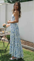 Vestido Maxi Bohemio De Verano Para Mujer En Chiffon Floral Sin Mangas Cuello En V A-Line Largo Con Espalda Descubierta Y Volante - details 3
