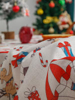 Mantel Navideño Lavable En Poliéster Rojo Con Diseño De Casa De Muñeco De Nieve Y Árboles De Navidad Para Fiesta Picnic Y Cena Decoración - details 2