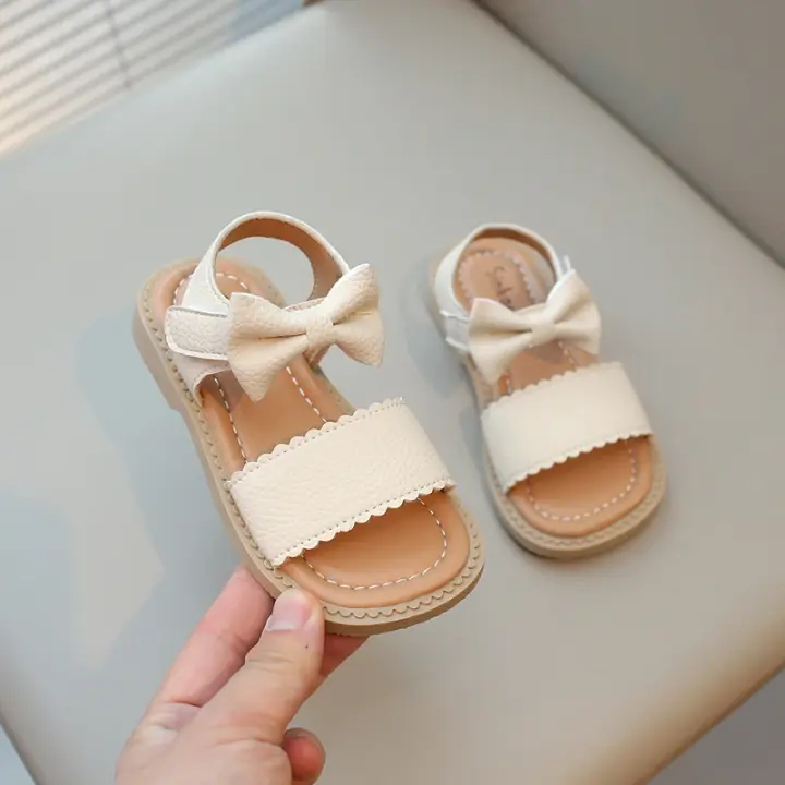Sandalias De Verano Para Niñas Todas Las Edades Con Lazo Decorativo Y Tacón Plano Antideslizante Cuero Suave Abiertas Para Playa - 1