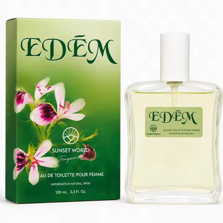 Edem Eau de Toilette 100ml by Sunset World. Fragancia floral oriental con notas de mandarina y melocotón, acompañadas de mimosa, jazmín y una base cálida de sándalo, haba tonka y pachulí. 🚚 Envíos a España 24/48h - 1