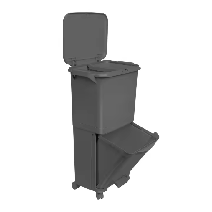 Papelera de reciclaje de clasificación selectiva con pedal, rudas y asa de doble compartimentos Color Negro antracita de 38L (24L + 14L) - 1