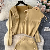 Conjunto De Ropa De Mujer REALEFT Otoño Invierno 3 Piezas Traje De Tejido Knitted Cardigan De Botón Sencillo Y Tops Falda Elegante Para Oficina - details 46