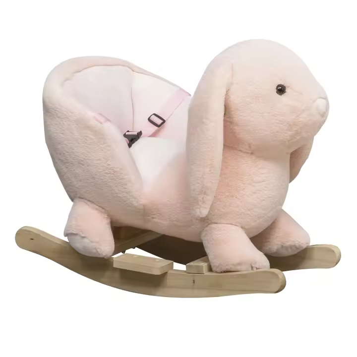 HOMCOM Caballito Balancín Infantil Forma de Conejo de Felpa para Bebés 18-36 Meses con Sonido Cinturón de Seguridad Manillar y Reposapiés 60x33x50cm Rosa - 1