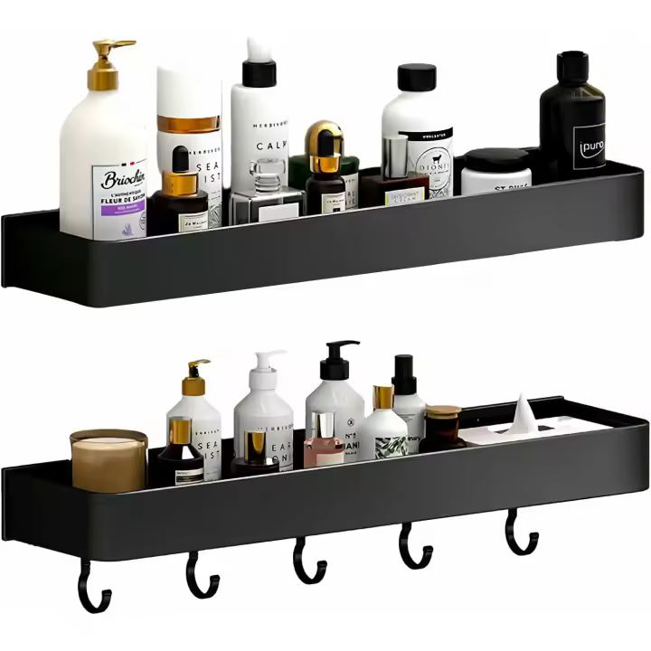 Estanteria Ducha sin Taladro, 2 unidades 30cm Estanteria Ducha con 5 Gancho Estantes de Baño Montados en Pared Estanteria Baño de Aluminio para Baño Cocina Balcón - 1