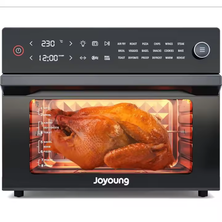JOYOUNG Horno eléctrico freidora de aire, horno de convección de 30 L para menos aceite, 18 funciones preestablecidas, horno de encimera con pantalla táctil digital LED y perilla 2 en 1, recetas gratuitas y 6 accesorios, 1800 W, negro - 1