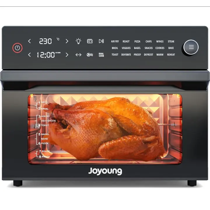 JOYOUNG Horno eléctrico freidora de aire, horno de convección de 30 L para menos aceite, 18 funciones preestablecidas, horno de encimera con pantalla táctil digital LED y perilla 2 en 1, recetas gratuitas y 6 accesorios, 1800 W, negro - 1