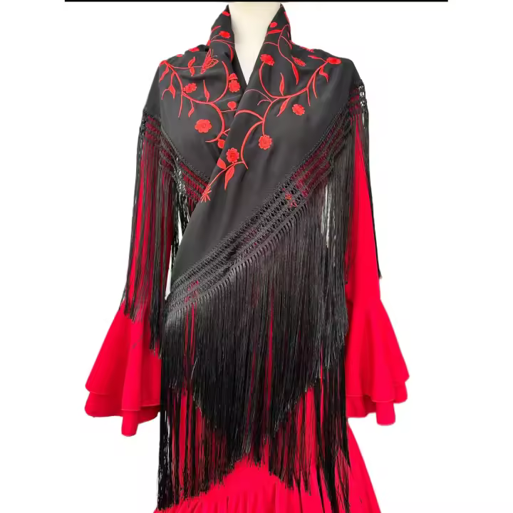 Mantón Bordado De FLAMENCA  MT24-20 medidas Largo 1.50 x ancho 60cm fleco largo - 1