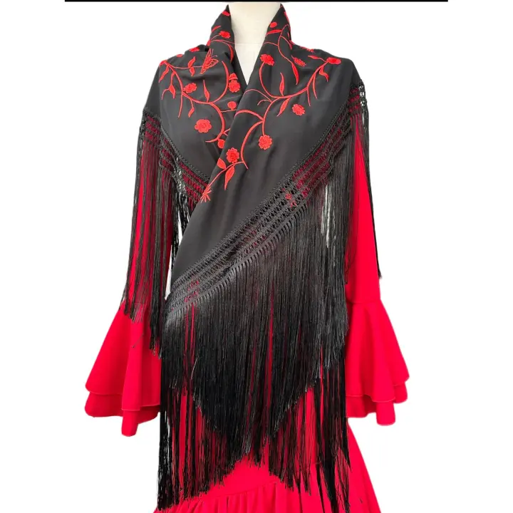 Mantón Bordado De FLAMENCA  MT24-20 medidas Largo 1.50 x ancho 60cm fleco largo - 1