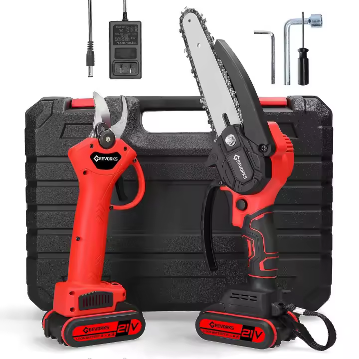 21V 6inch Portable Electric Chainsaw and 30mm Cordless Pruning Shear Set Wood Splitting Cutting Machine Kit Handheld Woodworking Tool for Garden Orcha - 1